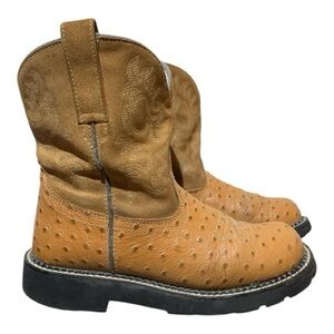 Women’s Ariat Fat Baby Ostrich Printed Leather & Suede Round Toe Boots Size 6